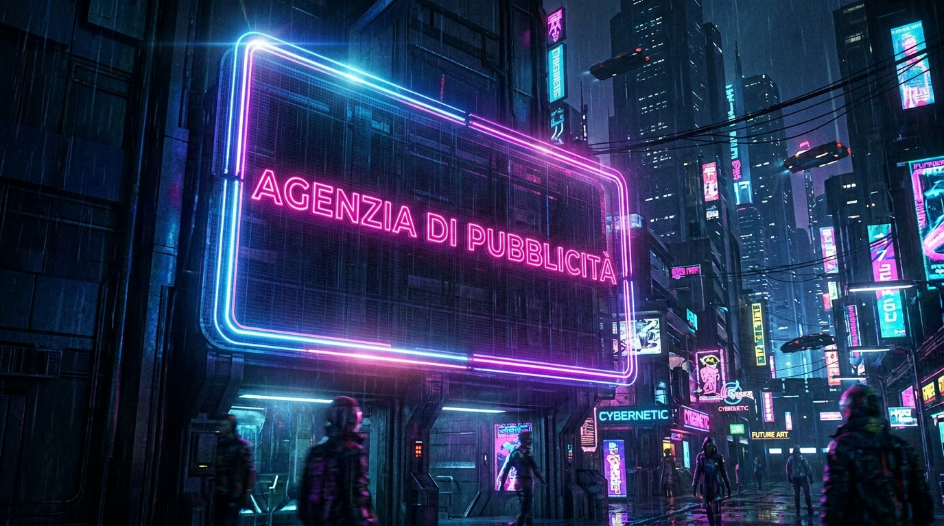 Neon sign with Italian text promoting modern typography in a rainy futuristic city street