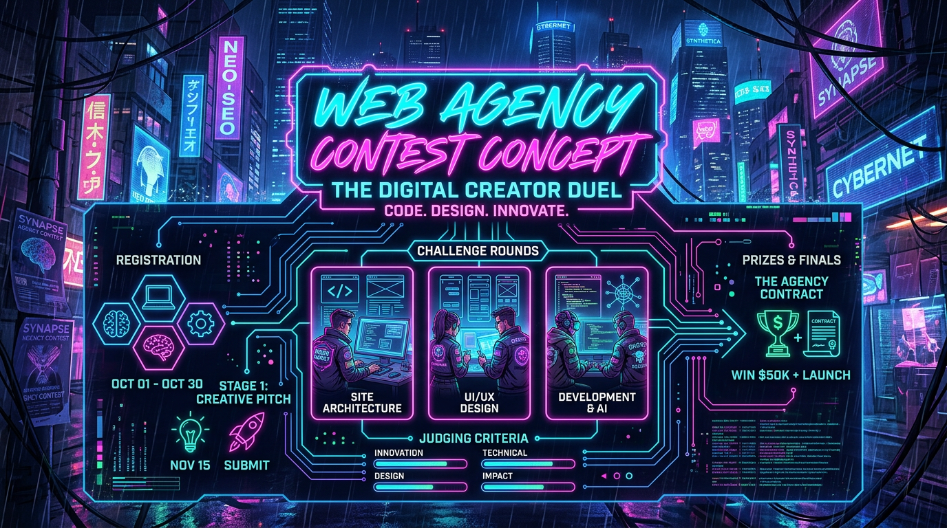 Neon infographic showing web agency contest stages, judging criteria, and prizes