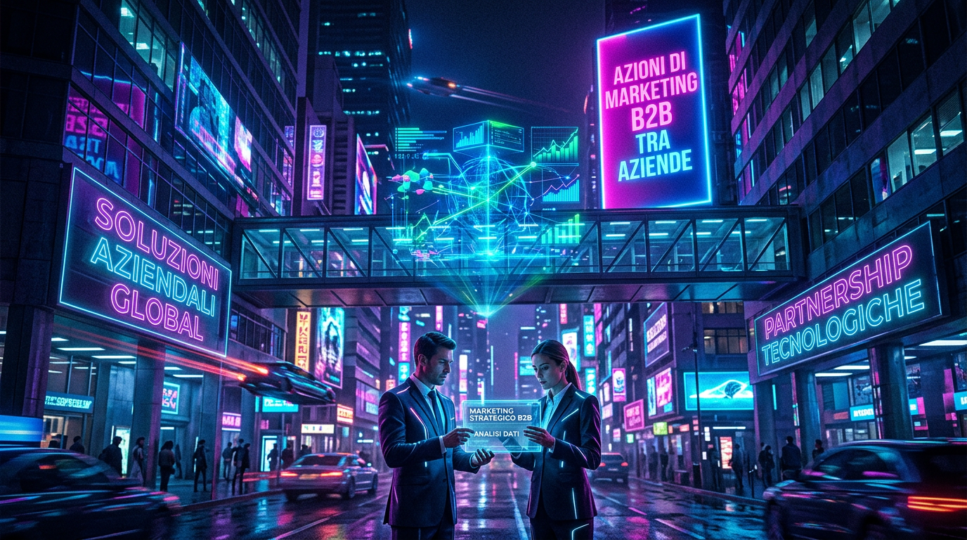 Two businesspeople in suits reviewing digital B2B marketing and data analysis holograms in a neon city street.