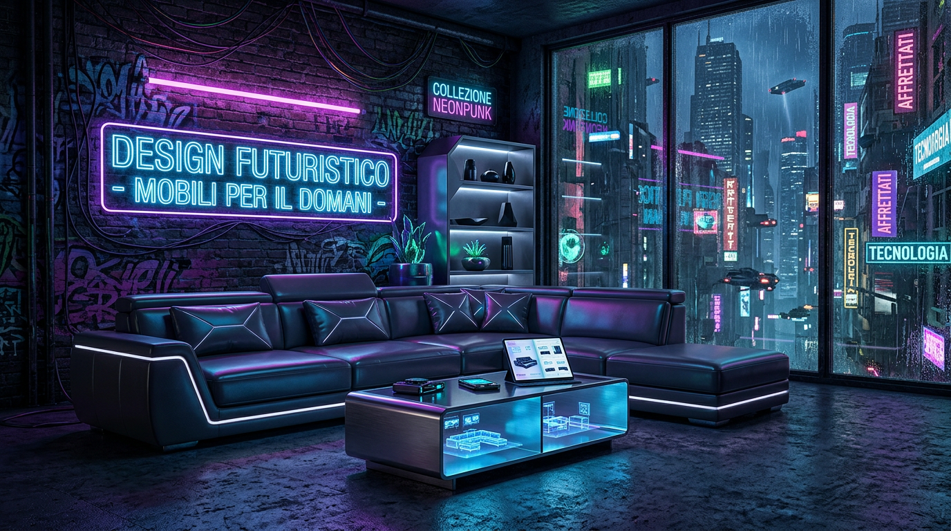 Futuristic living room with neon signs and modern furniture overlooking a cyberpunk cityscape