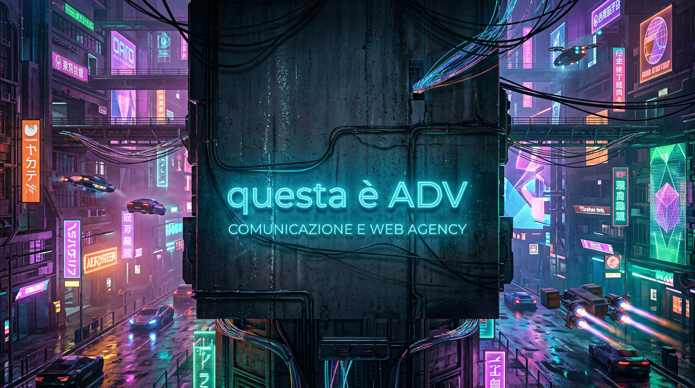 Neonpunk city street with glowing ADV logo and cybernetic neon signs in blue and pink