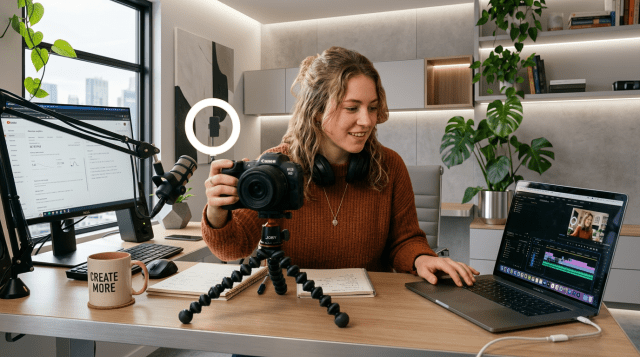 Person editing video on laptop with camera and microphone at home workspace