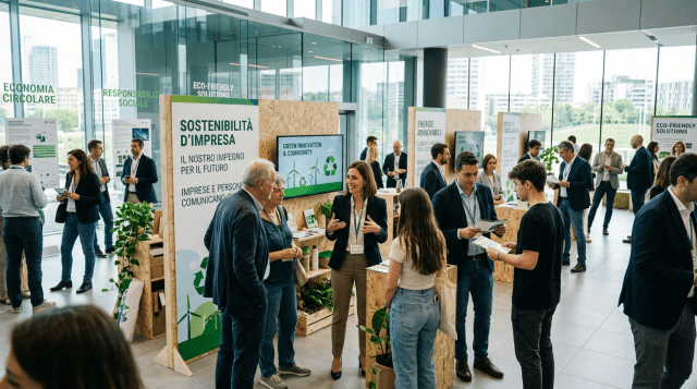 People interacting at a sustainability and eco-friendly business exhibition