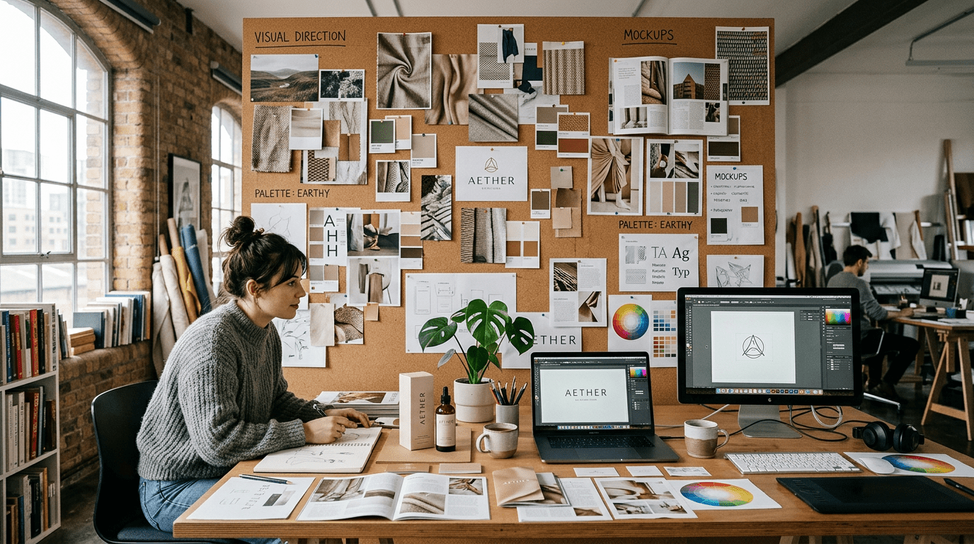 Designer at desk with mood board and laptop showing branding design