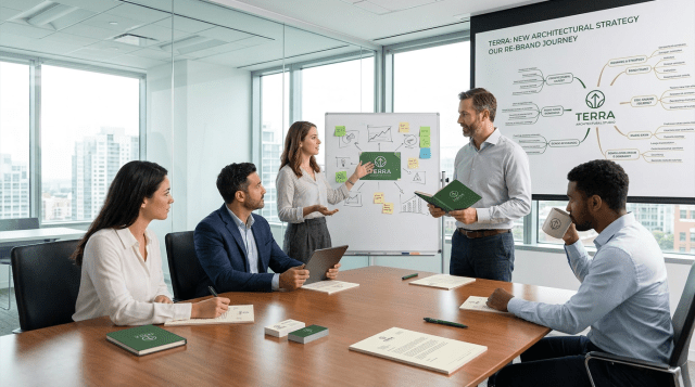 Five professionals collaborate in a conference room discussing branding strategies with Terra logo