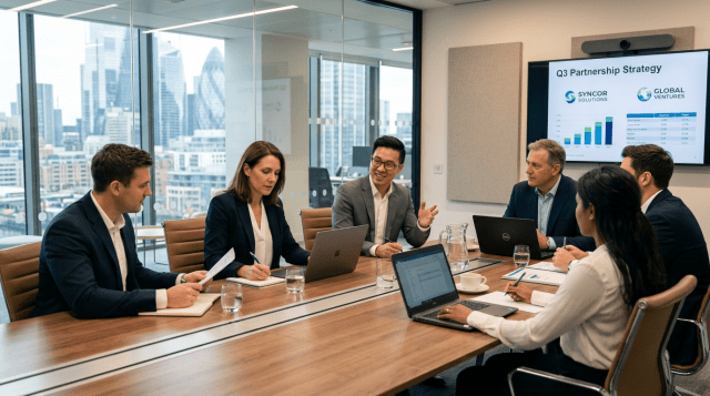 Six business professionals in a meeting room discussing strategy with laptops and charts