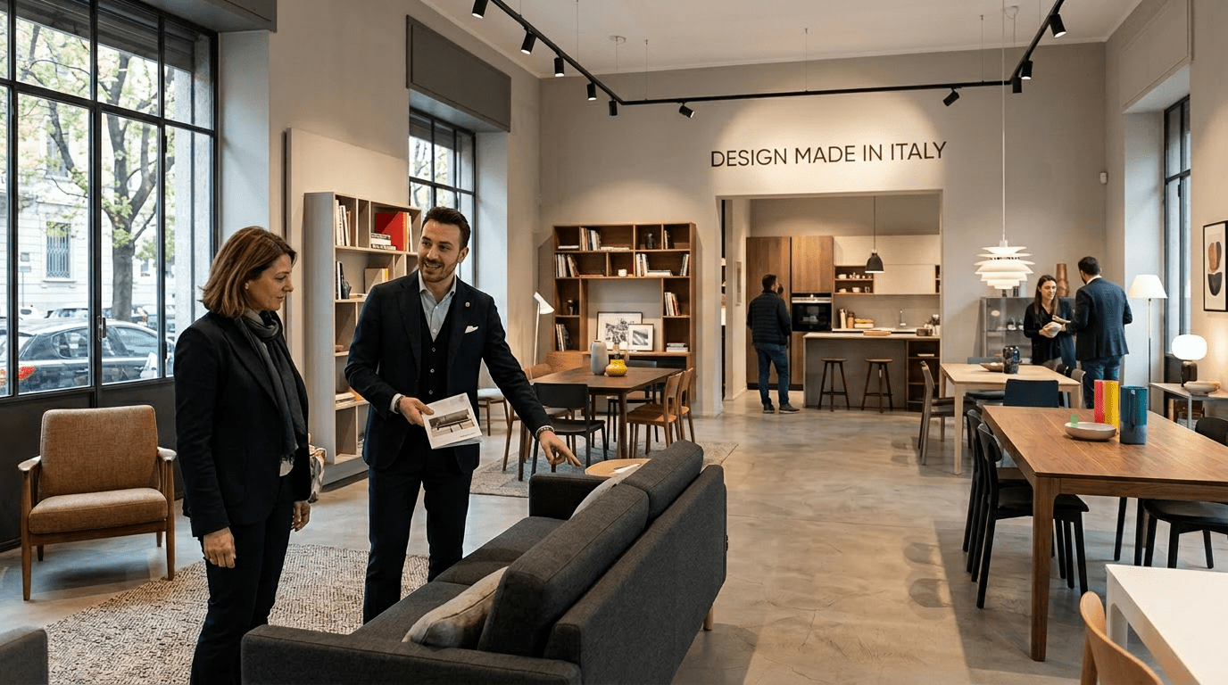 Two people discussing furniture in a modern Nordic design showroom