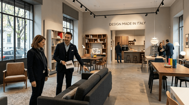 Two people discussing furniture in a modern Nordic design showroom