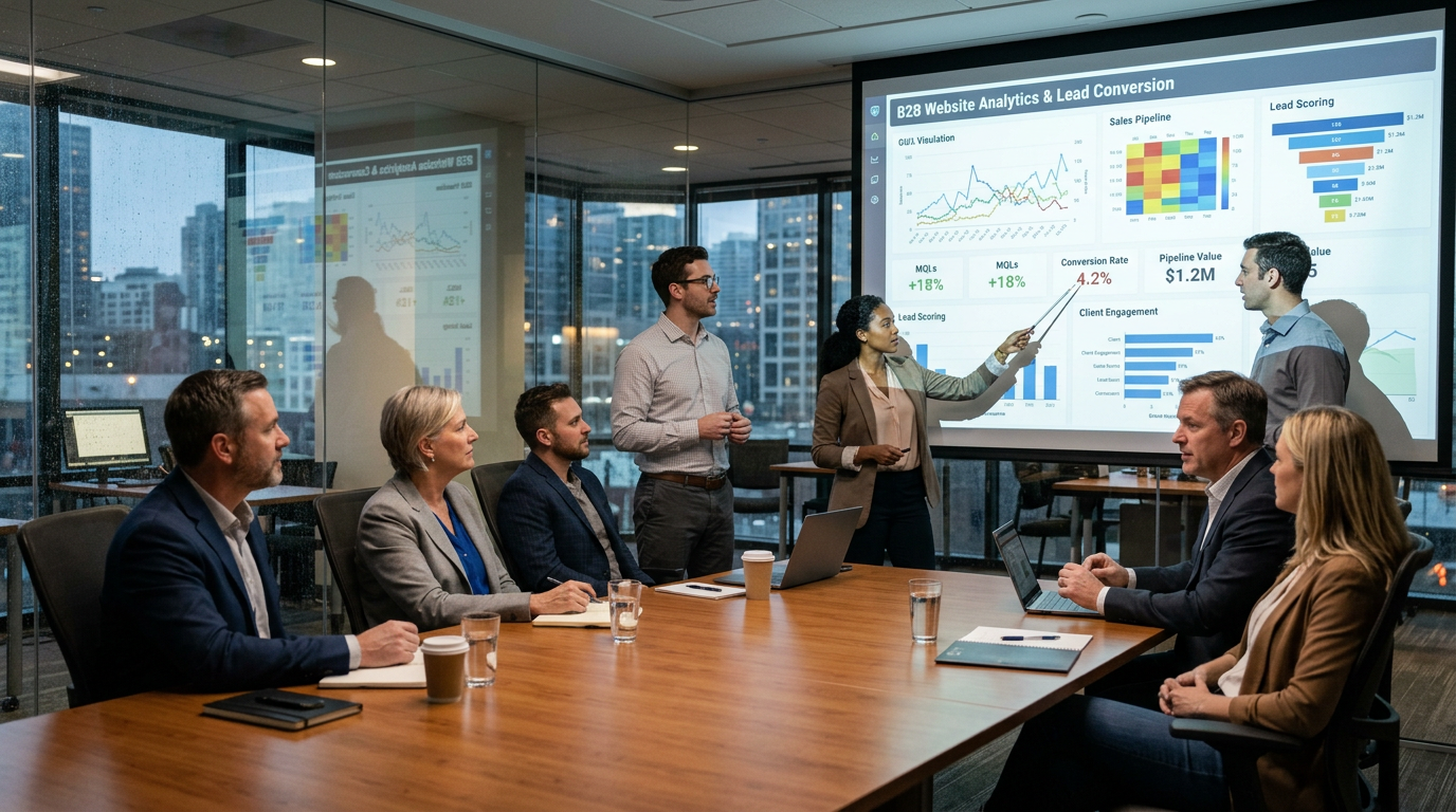 Business team analyzing website analytics and lead conversion data on a presentation screen in a conference room