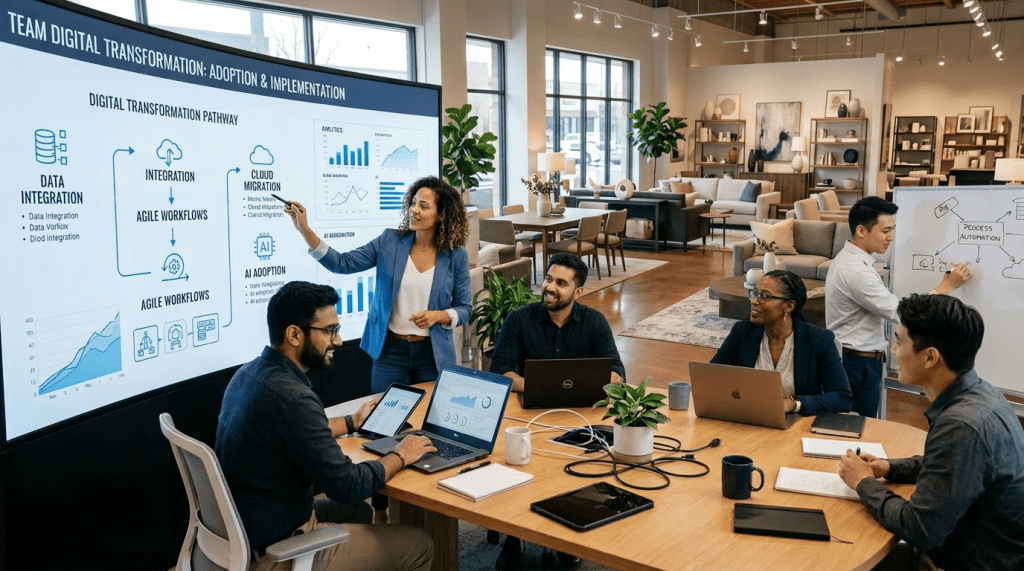 Team discussing digital transformation pathway with charts and laptops in conference room