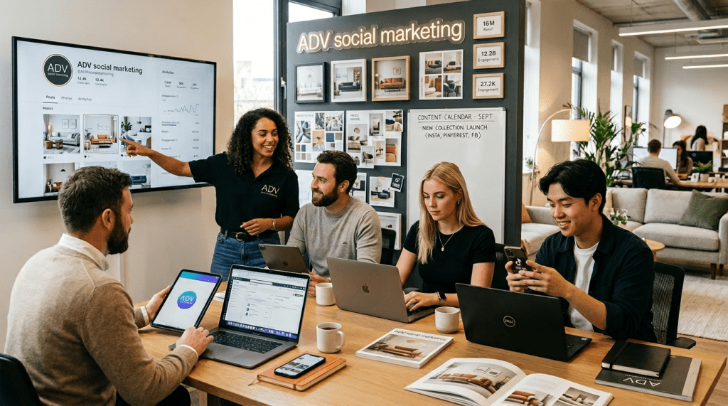 Team discussing social media analytics and content calendar on screens