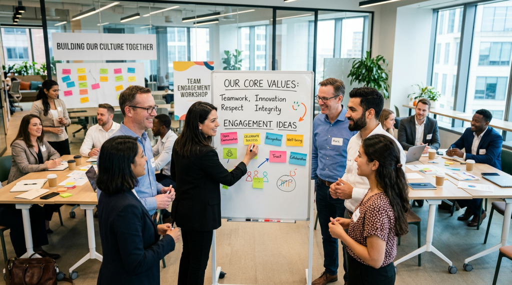 Group of professionals discussing core values and engagement ideas at a workshop whiteboard