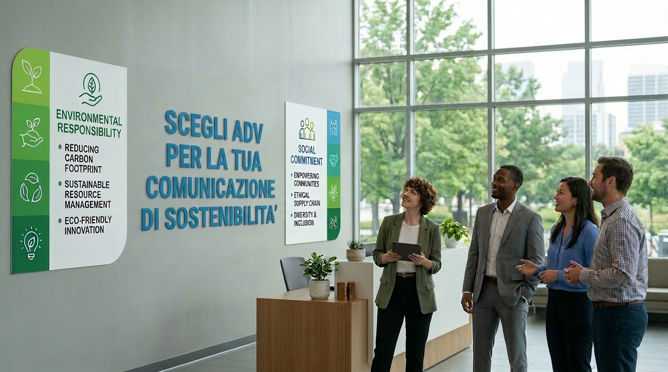 Corporate sustainability commitment overview Four professionals in an office lobby with wall text about sustainability and social commitment