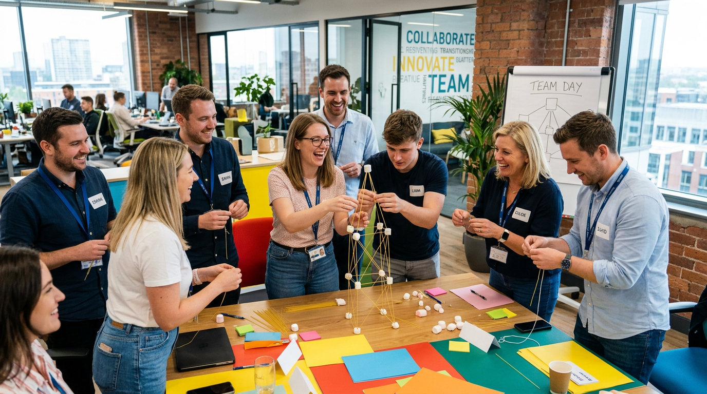 Group of coworkers constructing a tower using spaghetti and marshmallows in an office