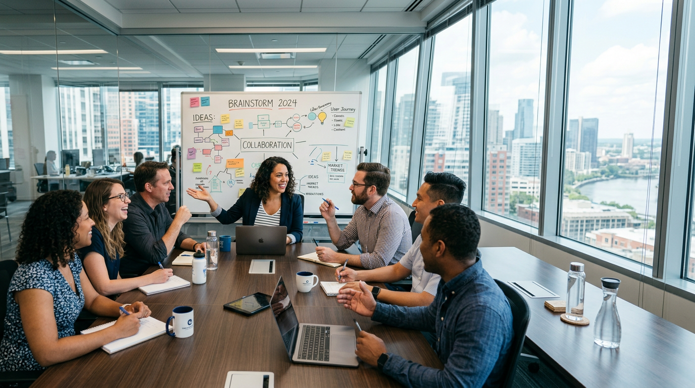 Team of diverse professionals discussing ideas around a conference table with brainstorming notes on whiteboard