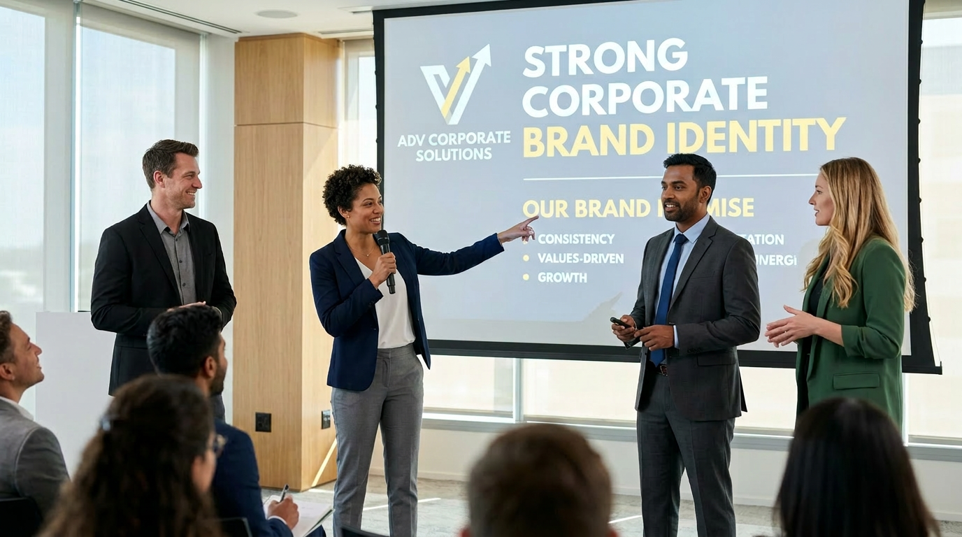 Four professionals presenting corporate brand identity on screen