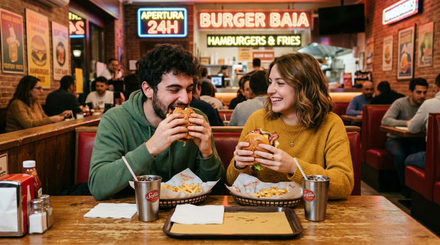 Young man and woman eating burgers with fries in a diner