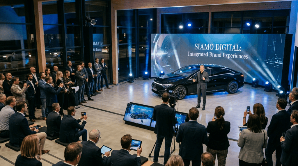 Replace background panel text with "SIAMO DIGITAL: Integrated Brand Experiences"