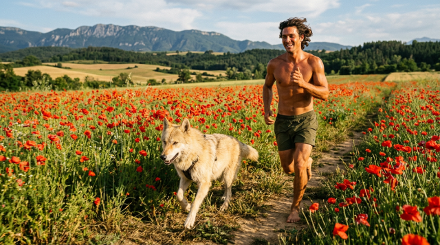 comunicazione-e-web-agency-6a23d66ff3924 Shirtless tanned man running with blond wolfdog in poppy field