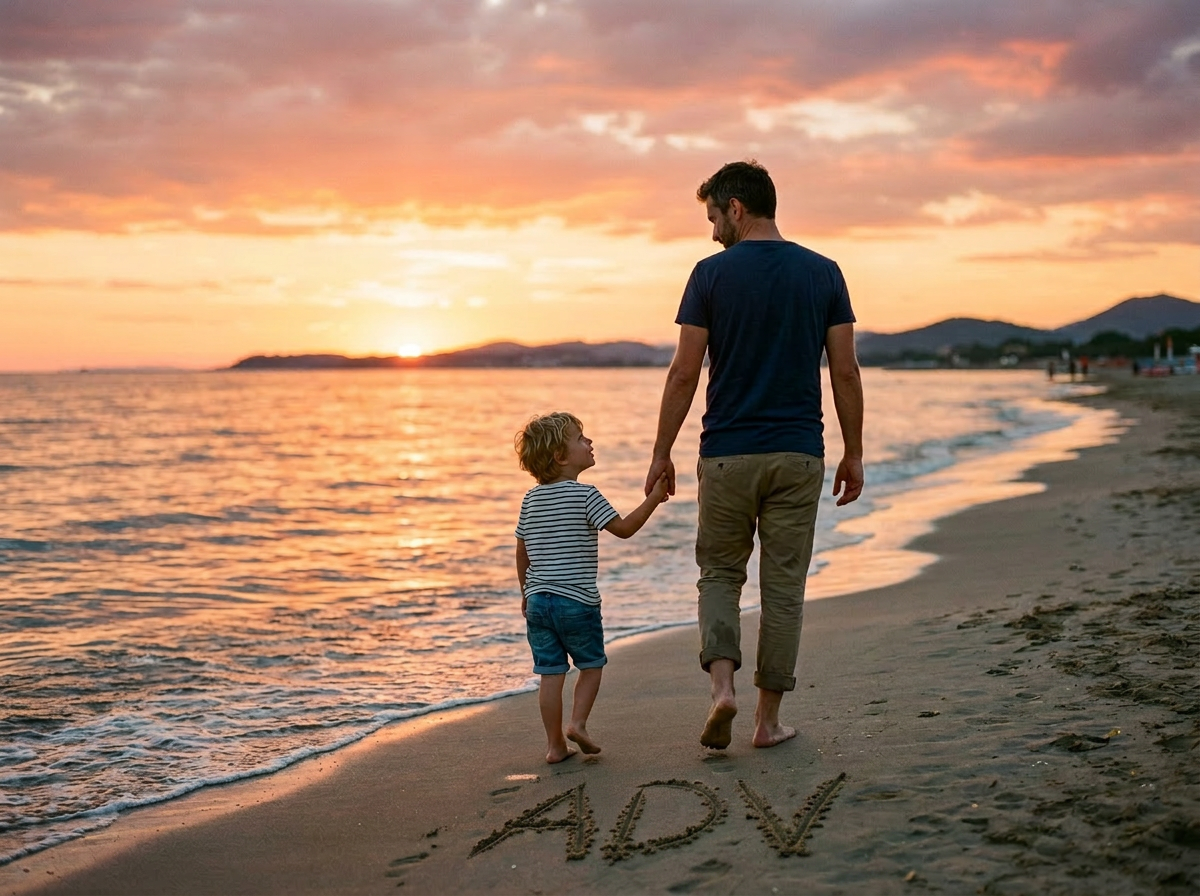 Father and son holding hands walking barefoot on beach at sunset