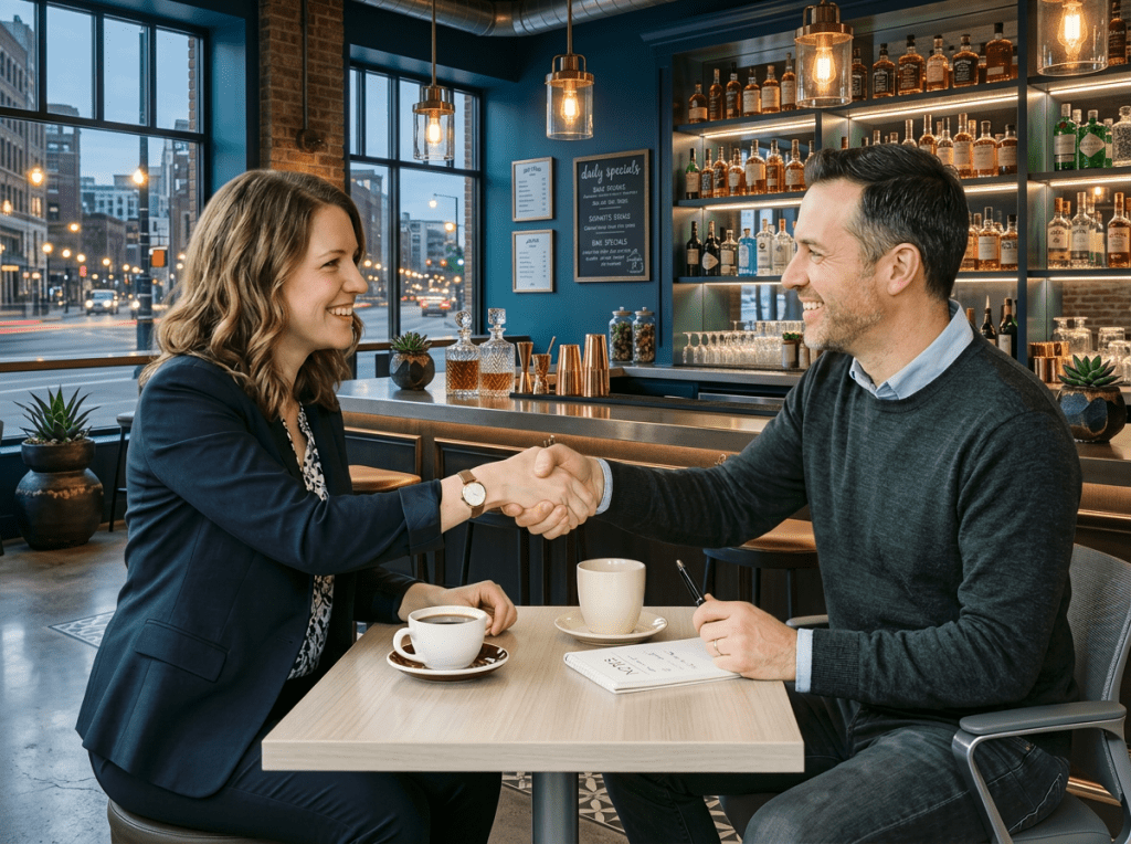 Two people shaking hands across a café table with coffee cups and a notebook