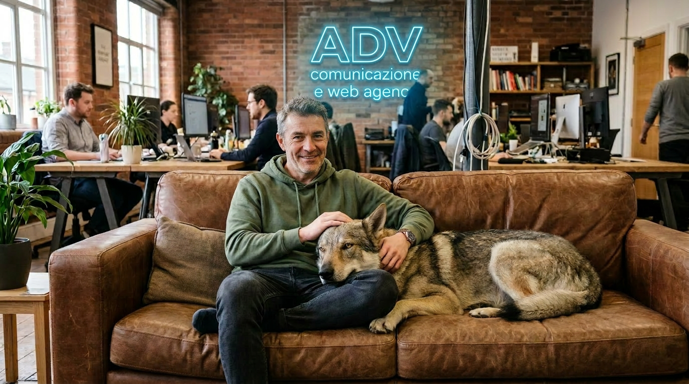 Relaxed office environment with dog Young man sitting on brown leather couch petting a large dog in an office