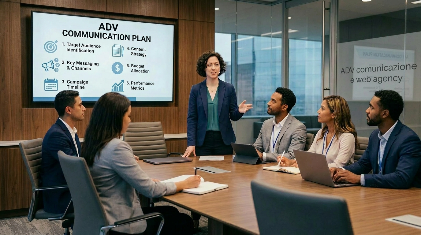 Woman presenting ADV communication plan with marketing points to audience