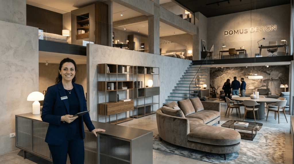 Smiling woman standing in modern furniture showroom with sofa and dining set