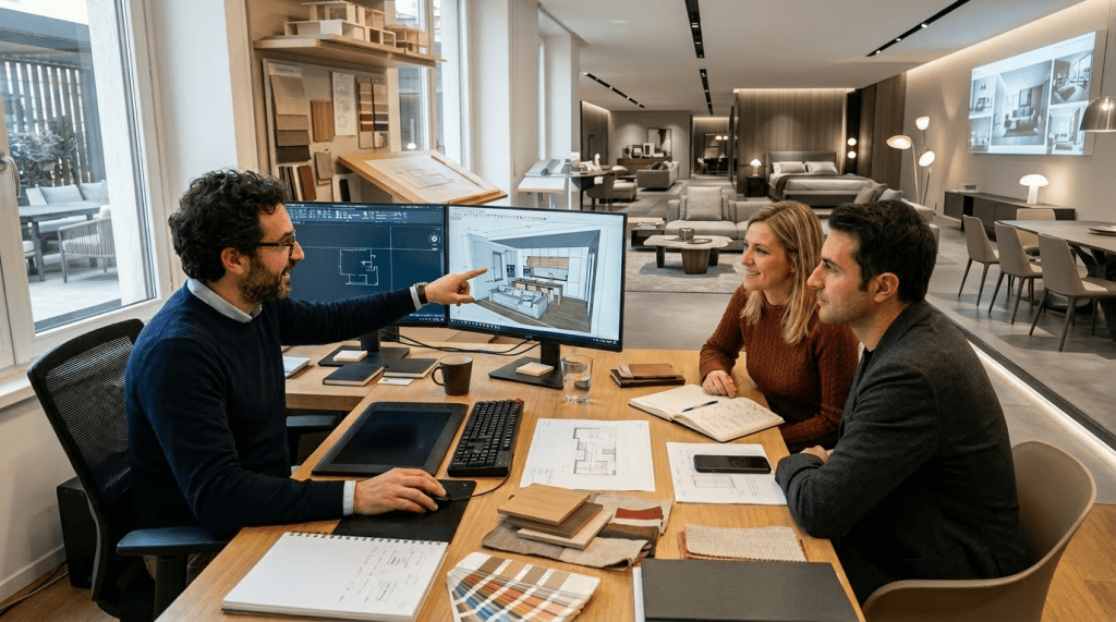 Architect showing 3D kitchen interior design to couple in office