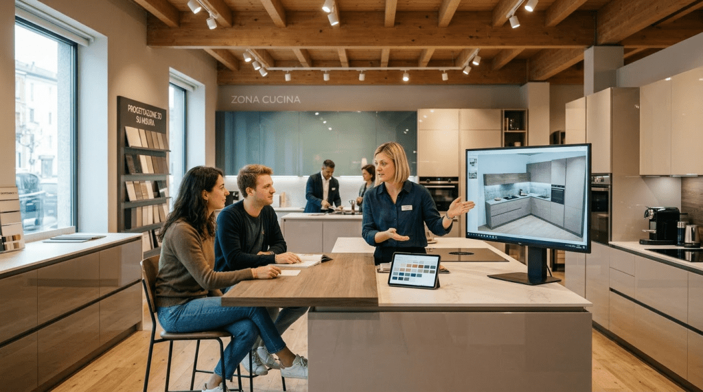 Design consultant presenting fabric samples to couple at a wooden table